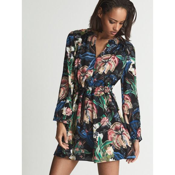 Reiss Alyssa Floral Print Flippy Dress in Black Print